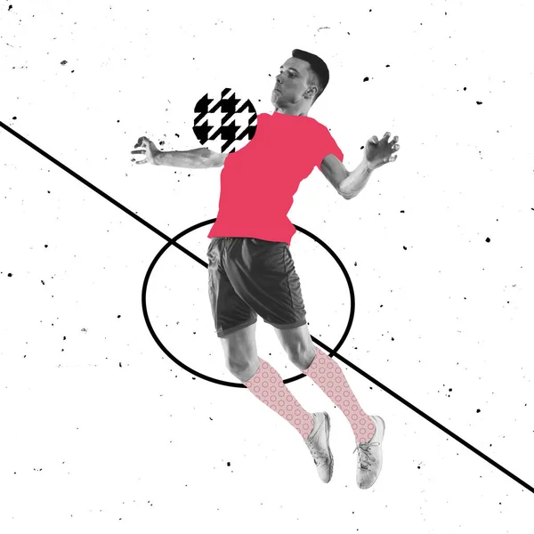 Kreatywne dzieło młodego profesjonalnego piłkarza męskiego, piłkarza z narysowaną tkaniną i elementami kulkowymi wyizolowanymi na białym tle pola — Zdjęcie stockowe