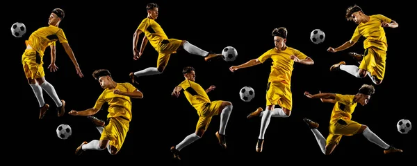 Jovem, jogador de futebol masculino em movimento, treinando isolado sobre fundo preto. Colagem — Fotografia de Stock