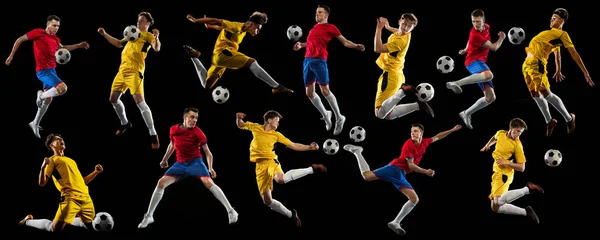 Collage de movimientos. Dos jóvenes, futbolistas masculinos en movimiento, entrenando aislados sobre fondo negro — Foto de Stock