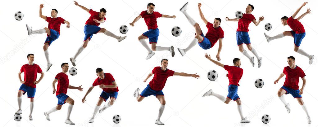 Young man, male soccer football player in motion, training isolated over white background. Collage. Developing of movements