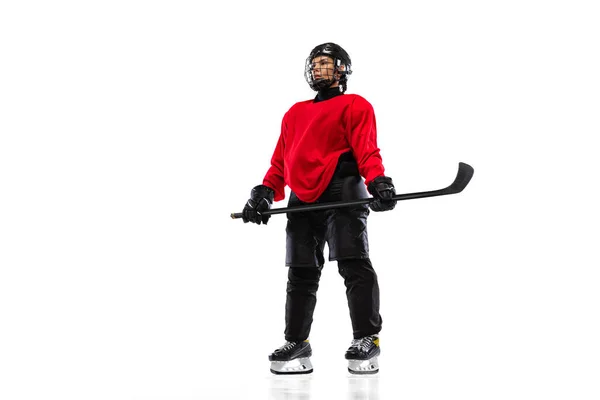 Portrait of woman, professional hockey player in special protective uniform isolated over white background. Winner — Stock Photo, Image