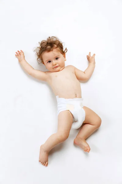 Shy Cute Baby Boy in Diapers Stock Photo - Image of studio