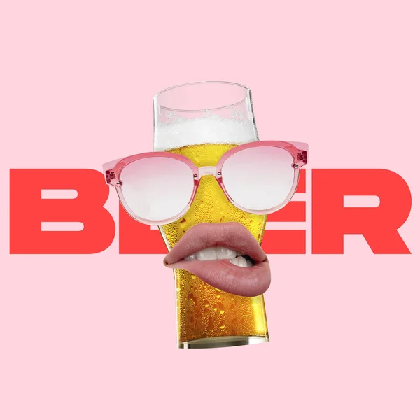 Contemporary art collage of female lips and glasses on cool glass with lager foamy beer isolated over pink background — Stock Photo, Image