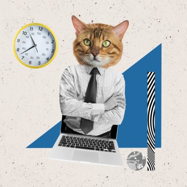 Çağdaş sanat kolajı, resmi kıyafetli, kedi kafası desenli arka planda izole edilmiş bir adam. Çalışma zamanı.