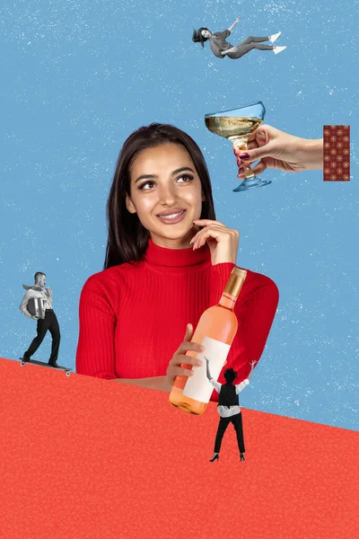 Samtida konst collage av ung vacker kvinna som håller vin flaska isolerad över blå bakgrund. Dykning i alkohol. Parternas uppfattning — Stockfoto
