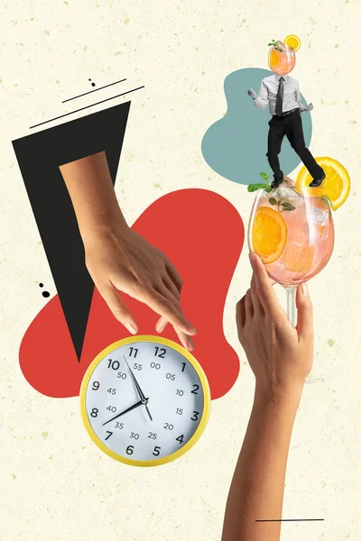 Zeitgenössische Kunstcollage aus menschlichen Händen, Alkohol-Cocktail, Uhr und Mann im Dienstanzug mit Cocktailkopf auf gelbem Hintergrund — Stockfoto