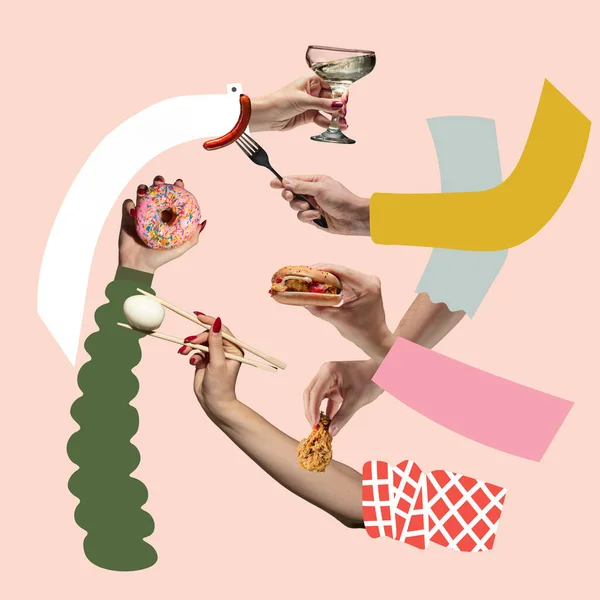 Zeitgenössische Kunstcollage menschlicher Hände, die verschiedene Lebensmittel, Burger, Huhn, Alkoholglas, Donut, Ei, Wurst halten. Parteikonzept — Stockfoto