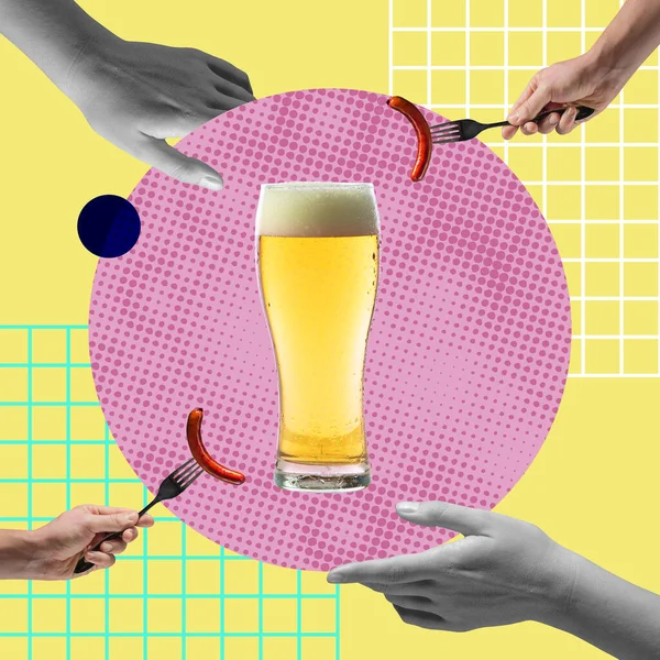 Collage de arte contemporáneo de manos humanas sosteniendo varios alimentos alrededor del vaso de cerveza espumosa lager —  Fotos de Stock