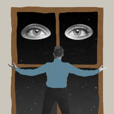 Çağdaş sanat kolajı. Geceleri pencereden dışarı bakan büyük, güzel kadın gözleri.