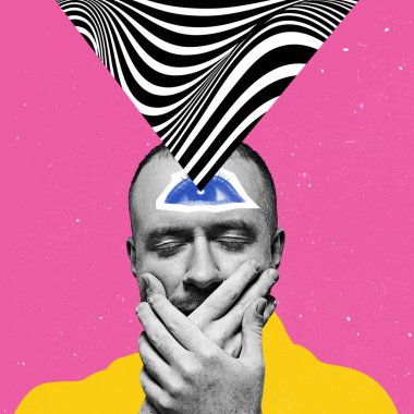 Çağdaş sanat kolajı her şeyi gören insan ve sürrealist hipnotik elementler pembe arka planda izole edilmiş.