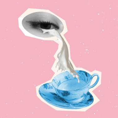 Çağdaş sanat kolajı pembe arka planda izole edilmiş sütle ağlayan kadın gözü.