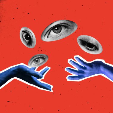 Kırmızı arka planda izole edilmiş insan eli ve gözlerinden oluşan çağdaş sanat kolajı. Görüş ve tutum değişkenliği