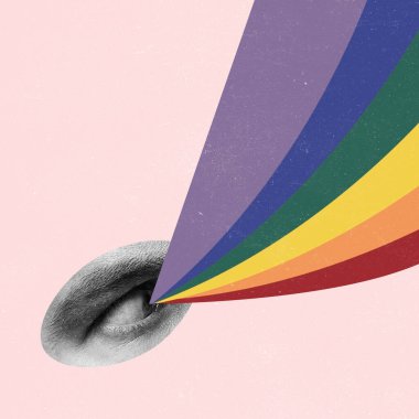 İnsan gözü ve gökkuşağının çağdaş sanat kolajı pembe arka planda izole edilmiş. LGBTQIA desteği