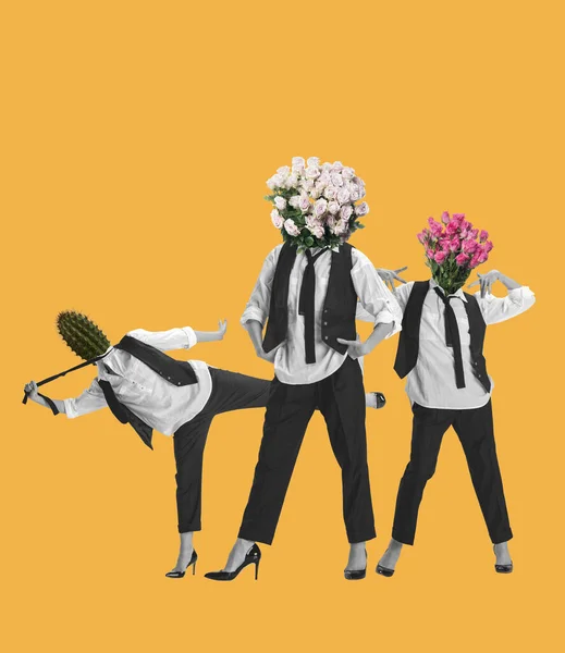 Çiçek başlıklı kadınların çağdaş sanat kolajı turuncu arka planda siyah beyaz takım elbise giymesini sağlıyor. — Stok fotoğraf