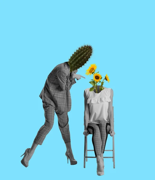 Collage d'art contemporain de deux femmes avec cactus et tête de tournesol isolés sur fond bleu — Photo