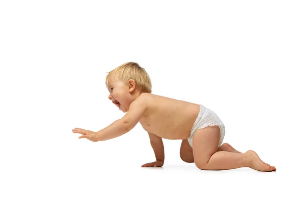 Porträt eines kleinen süßen Kleinkindes, Baby in Windel, das isoliert über weißen Studiohintergrund kriecht. Seitenansicht — Stockfoto