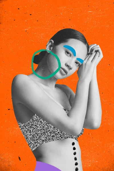 オレンジの背景に孤立した布やアクセサリーの要素を描いた美しい若い女性の現代美術のコラージュ — ストック写真