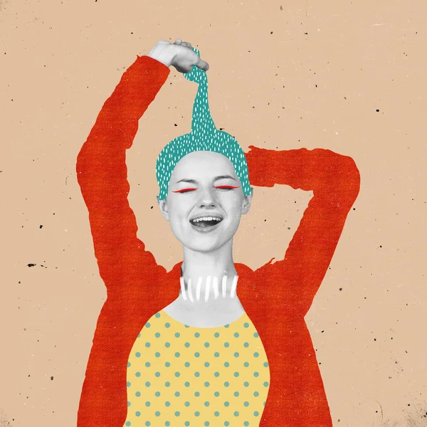 Colagem de arte contemporânea de bela mulher sorridente com elementos de pano desenhados isolados sobre fundo bege — Fotografia de Stock