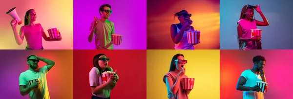 多色の背景の上に隔離されたポップコーンの背景を持つ3Dメガネで民族的に多様な若者の動機のコラージュ. — ストック写真