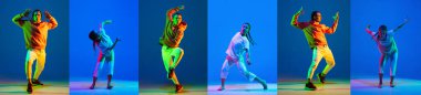 Yetenekli genç erkek ve kız dansçı hip-hop kolajı mavi arka planda izole edilmiş neon ışıklarda
