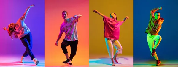 Colagem completa de quatro jovens ativos, homens e mulheres, dançando isolados sobre fundo multicolorido em luzes de néon — Fotografia de Stock