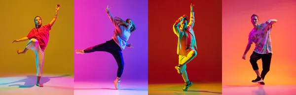 Full-length collage van vier actieve jongeren, man en vrouw, dansende hiphop geïsoleerd over veelkleurige achtergrond in neonlicht — Stockfoto