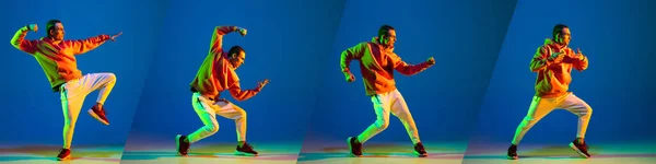 Collage de cuerpo entero de cuatro imágenes de un joven bailando hip-hop aislado sobre fondo multicolor en luces de neón — Foto de Stock