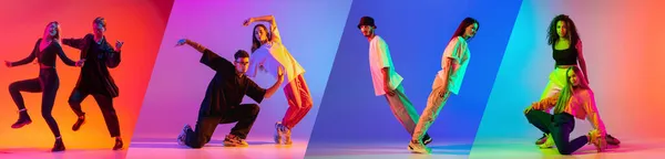 Full-length collage van vier foto 's van jonge mensen dansen hip-hop in paar geïsoleerd over veelkleurige achtergrond in neon lichten — Stockfoto