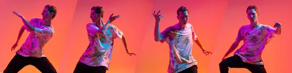 Genç adamın dans ettiği dört fotoğrafın kolajı neon ışıklarıyla izole edilmiş. — Stok fotoğraf