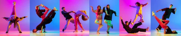 Collage van getalenteerde jonge hip-hop dansers in beweging geïsoleerd over veelkleurige achtergrond in neon lichten — Stockfoto