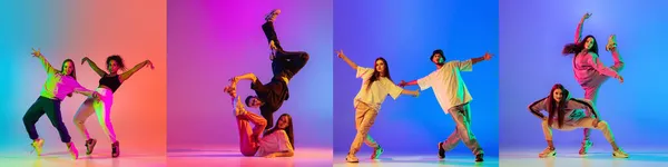 Колаж талановитих молодих хіп-хоп танцюристів в русі ізольований на різнокольоровому фоні в неонових вогнях — стокове фото