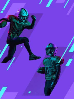 Profesyonel erkek ve Amerikan futbolcu eğitiminin yaratıcı sanat eserleri mor arka planda izole edilmiş.