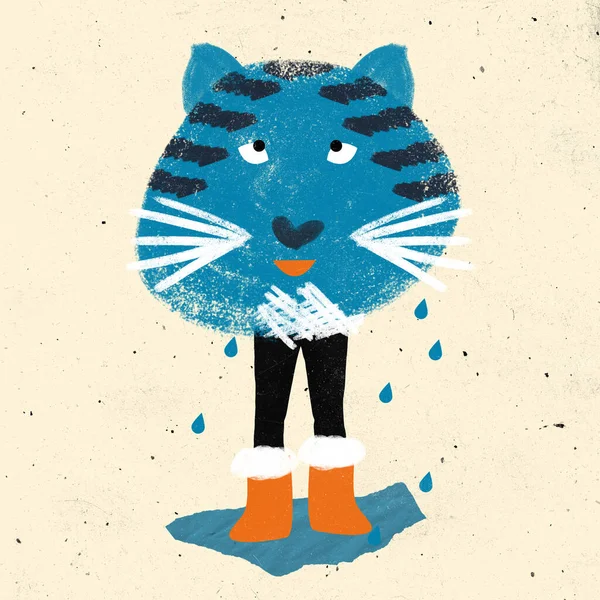 Współczesny artystyczny kolaż dużego niebieskiego kota w pomarańczowych butach z opadającymi kroplami deszczu. Koncepcja Bożego Narodzenia i Nowego Roku — Zdjęcie stockowe