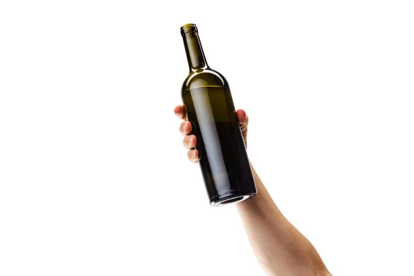 Image recadrée d'un homme tenant une bouteille de vin blanc isolé sur fond blanc — Photo