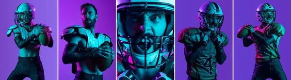 Collage de retratos de futbolista americano profesional en uniforme especial aislado sobre fondo de estudio púrpura en luces de neón — Foto de Stock