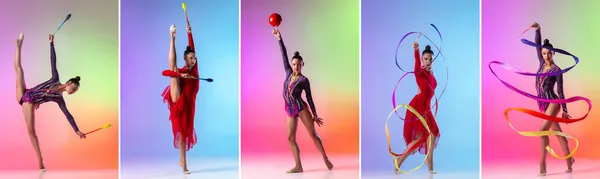 Collage de portraits gymnaste rythmique féminine en mouvement avec ruban lumineux, balle isolée sur fond multicolore. — Photo