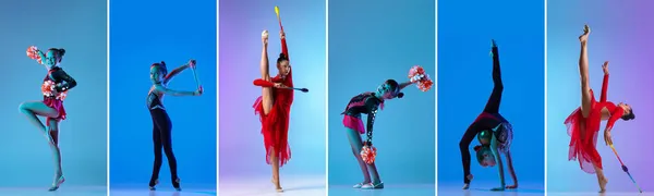 Collage van meisjes, ritmische gymnasten en cheerleaders training geïsoleerd over veelkleurige achtergrond in neon lichten — Stockfoto