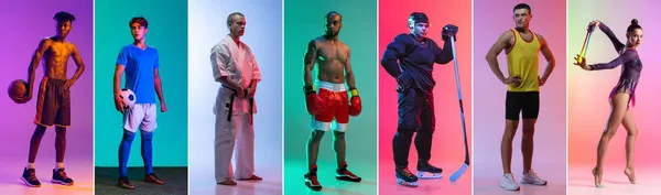 Colagem de retratos verticais de diferentes atletas profissionais masculinos e femininos isolados sobre fundo multicolorido em luzes de néon — Fotografia de Stock