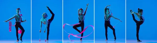 Колаж портретів маленької дівчинки, ритмічна гімнастка, яка виступає з гімнастичними клубами, стрічкою і м'ячем ізольовані на синьому фоні в неоні — стокове фото