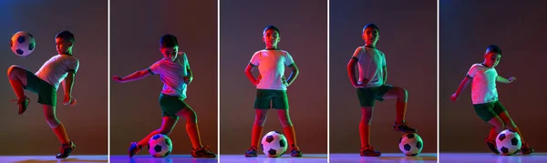 Collage van portretten van jongen, spelen van kinderen, training voetbal geïsoleerd over gradiënt achtergrond in neon licht — Stockfoto