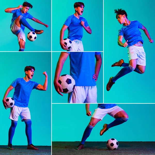 Collage de retratos de joven deportista, futbolista en movimiento, entrenamiento aislado sobre fondo azul en neón — Foto de Stock