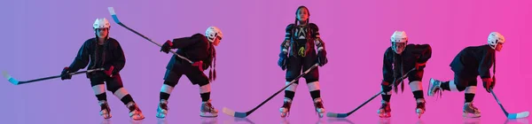 Κολάζ πορτρέτα του κοριτσιού, επαγγελματική προπόνηση παίκτες χόκεϊ απομονώνονται σε κλίση φόντο σε φώτα νέον — Φωτογραφία Αρχείου