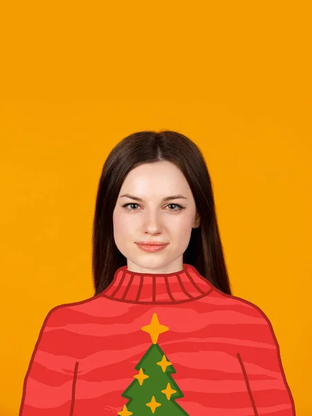 当代艺术拼贴的漂亮的年轻女子穿着红色的图画毛衣孤立在橙色的背景。寒假的概念 — 图库照片