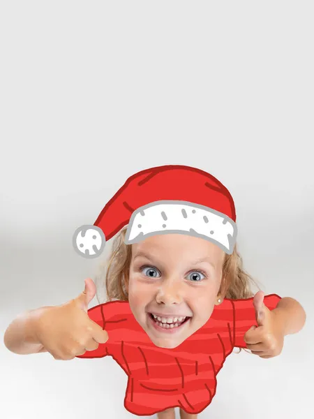 Zeitgenössische Kunstcollage von glücklichem Kind, Mädchen zeigt wie Geste und trägt roten gezogenen Pullover isoliert über weißem Hintergrund. — Stockfoto