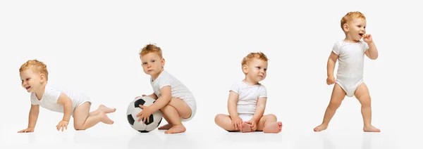 Collage de retratos de niño, bebé, niño sentado tranquilamente, jugando y caminando aislado sobre fondo blanco — Foto de Stock
