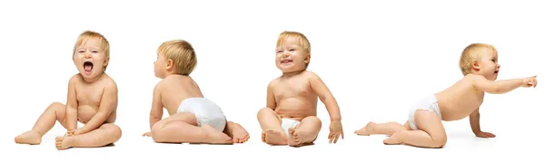 Collage de retratos de niño, bebé, niño arrastrándose, riendo y jugando aislado sobre fondo blanco — Foto de Stock