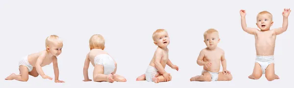 Küçük kızın portrelerinin kolajı, bebek, bebek bezli çocuk emekliyor, gülüyor ve beyaz arka planda izole bir şekilde oynuyor. — Stok fotoğraf