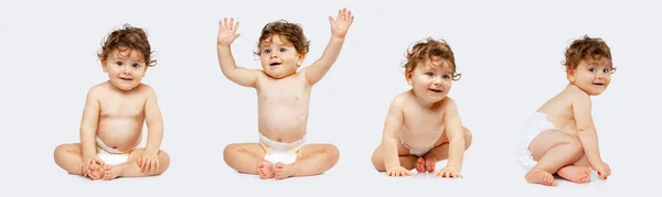 Collage de retratos de niño pequeño, bebé, niño en pañales haciendo caras y sentado aislado sobre fondo blanco —  Fotos de Stock