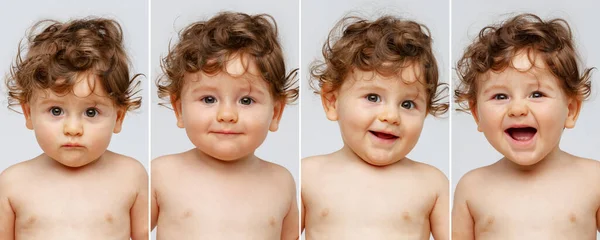 Collage de retratos de niño pequeño, bebé, niño haciendo caras lindas y posando aislado sobre fondo blanco — Foto de Stock