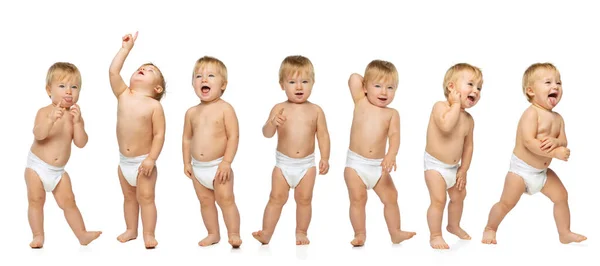 Collage de retratos de niño pequeño, bebé, niño de pie en pañal y haciendo caras lindas divertidas aisladas sobre fondo blanco — Foto de Stock